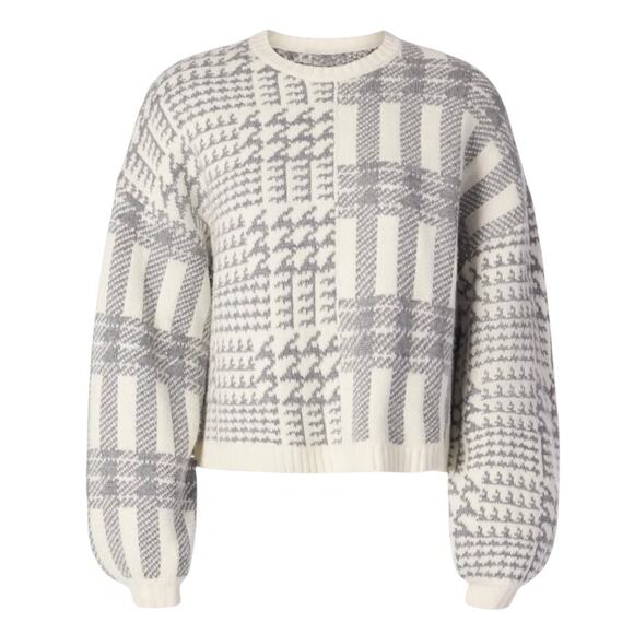Splendid White Gray Herringbone Sweater SMALL Boxy Oversized Plaid Preppy $178 - Picture 3 of 13